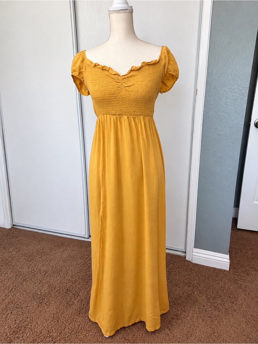 Guess Mustard Yellow Ruffle-Trim Smocked Maxi Dress Size L